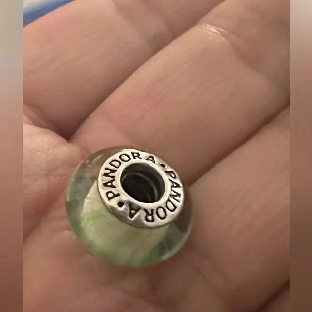 Retired Authentic Pandora Green Candy Striper Murano Glass Bead Charm - Picture 4 of 6